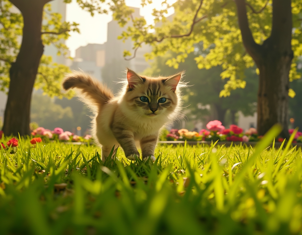 Cat enjoys a lively city park, playing and exploring the greenery amidst the urban backdrop.